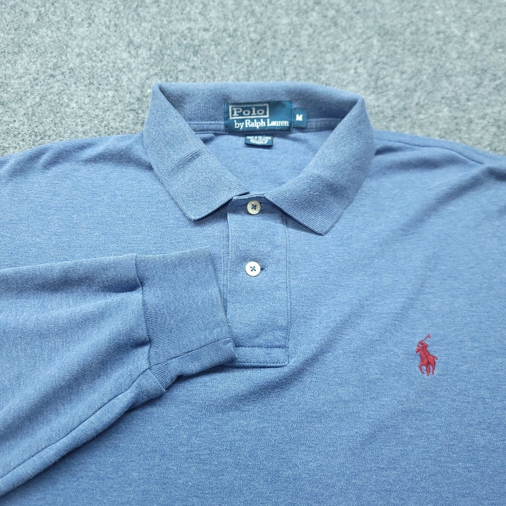 Vintage Polo Ralph Lauren Mens Long Sleeve Polo Shirt Blue Cotton Red Pony M
